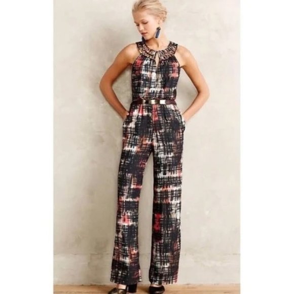 Anthropologie ELEVENSES Abstract Plaid Jumpsuit Cut-Out Yoke Brushstroke Sz S - Picture 1 of 12